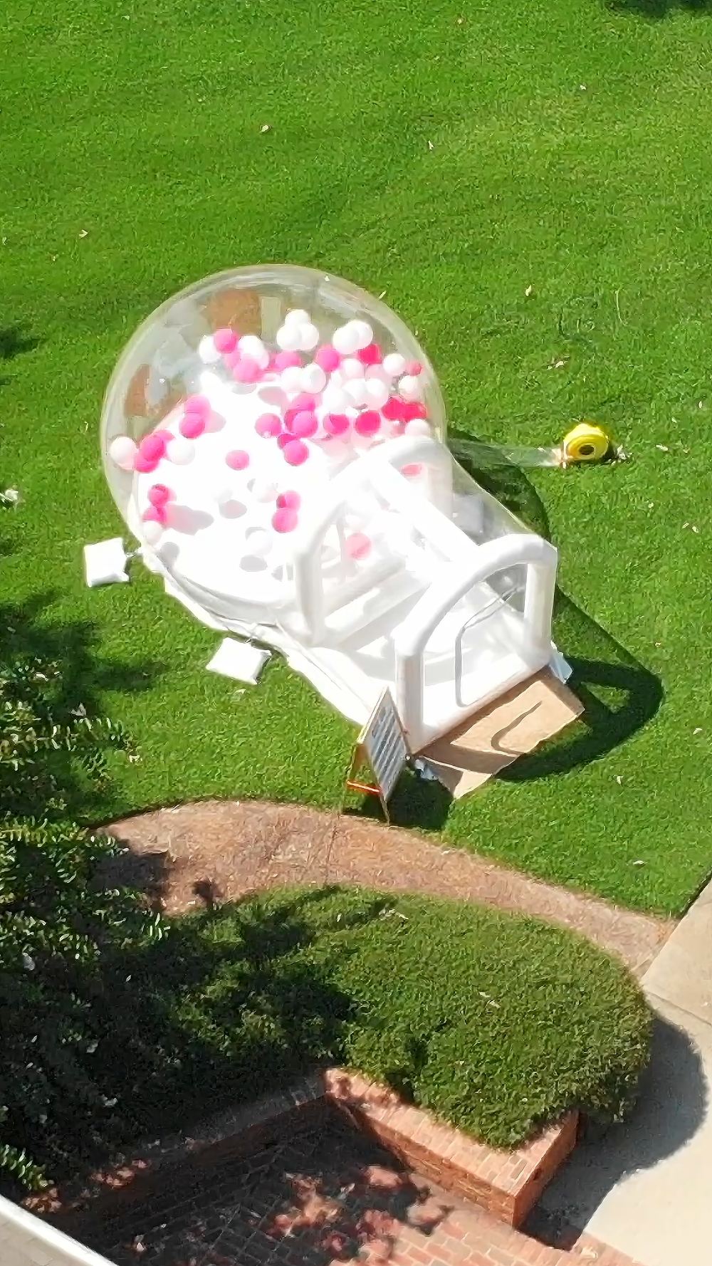 Outdoor bubble dome feature filled with balloons on a lawn